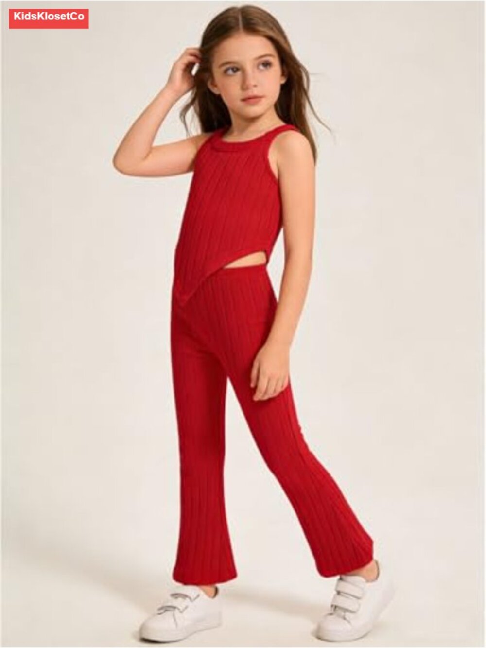 Girls Ribbed Tank Top & Flared Pants Outfit Set 4PC Sleeveless - Picture 3 of 6